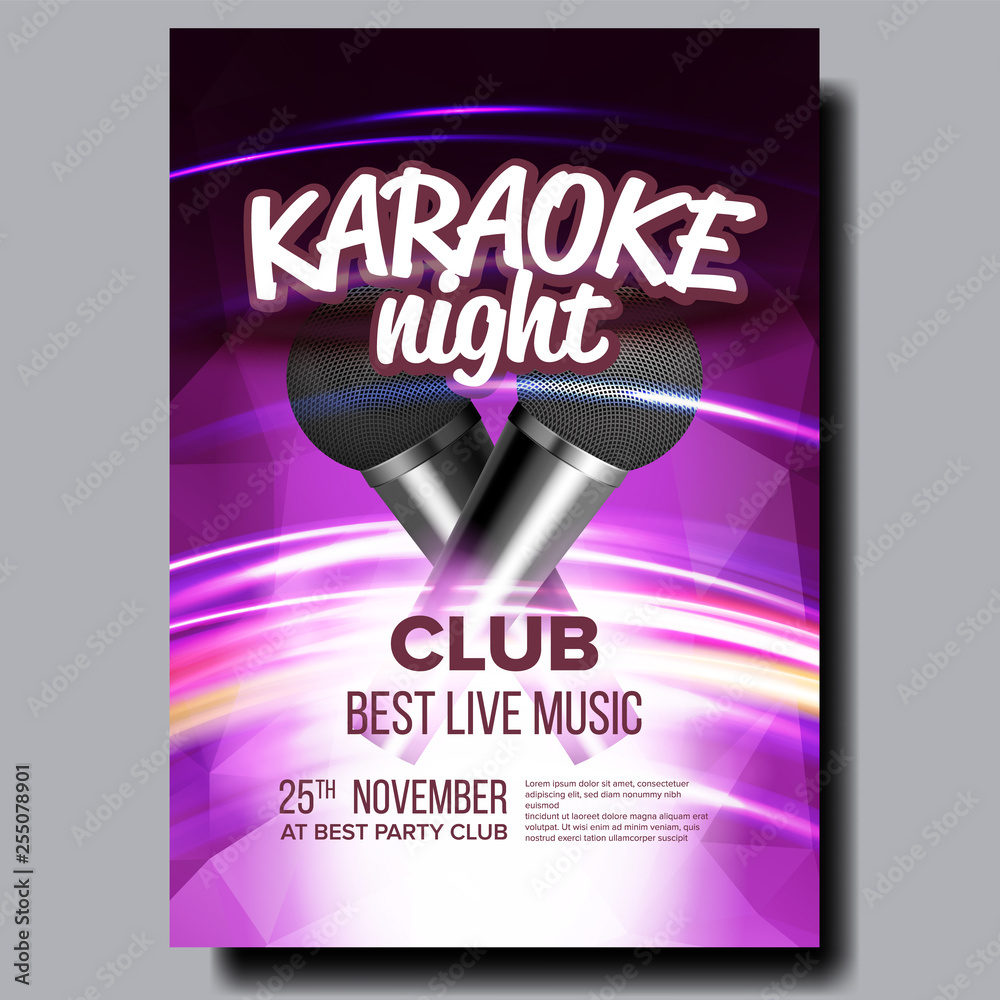 Karaoke Poster Vector. Club Background. Mic Design. Karaoke Disco