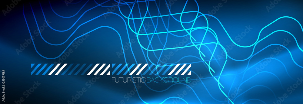 Neon glowing techno lines, hi-tech futuristic abstract background template with square shapes Neon glowing techno lines, hi-tech futuristic abstract background template with square shapes