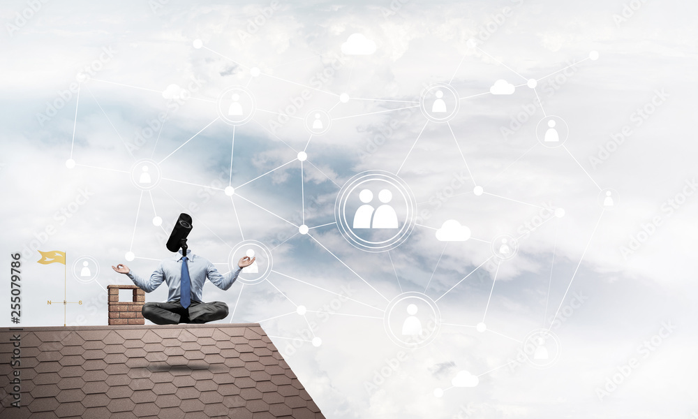 Concept of security and privacy protection with camera headed man meditating Concept of security and privacy protection with camera headed man meditating