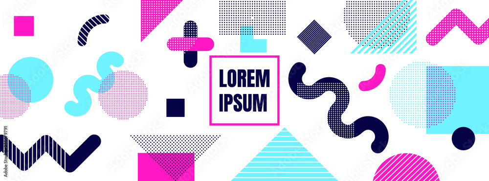 Geometric background with geometric shapes and curves, pattern with trendy Memphis fashion style 80s-90s template in colorful vibrant colors isolated on white background.