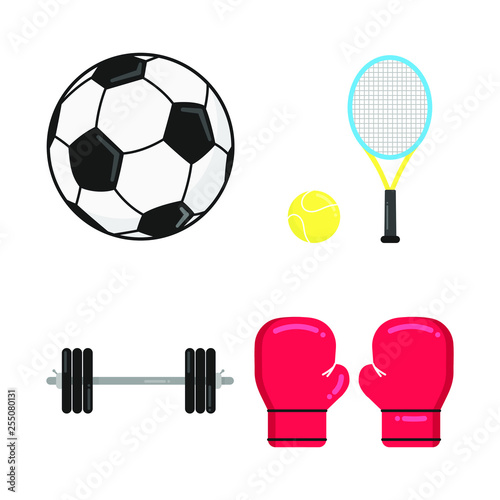 Sport attributes flat style design set icon signs isolated on white background. Soccer ball, tennis racket and ball, barbell, boxing gloves - symbols of sport games.