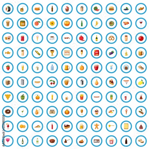 100 food and drink icons set in cartoon style for any design vector illustration