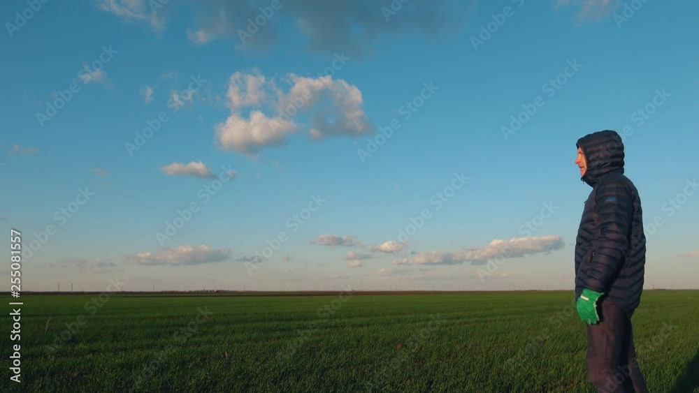 Agronomist in green wheat windy field Aerial drone view Agronomist in green wheat windy field Aerial drone view