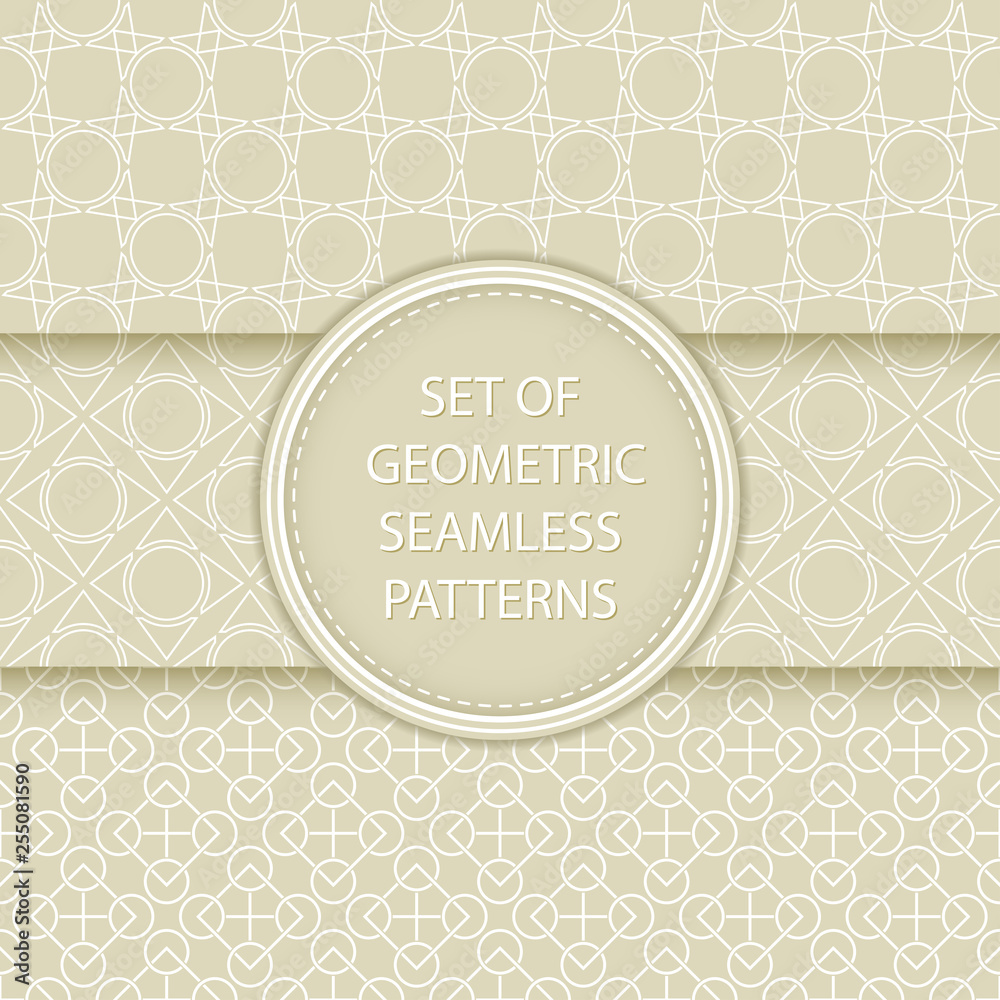 Compilation of geometric seamless patterns. White designs on olive green background