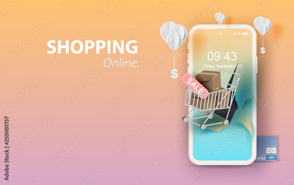 Paper art of smartphone for online shopping your text space background, Shopping Cart Floating on mobile phone concept,Balloon by dollar money on pastel color,Shopping via the internet shop.vector. - obrazy, fototapety, plakaty 