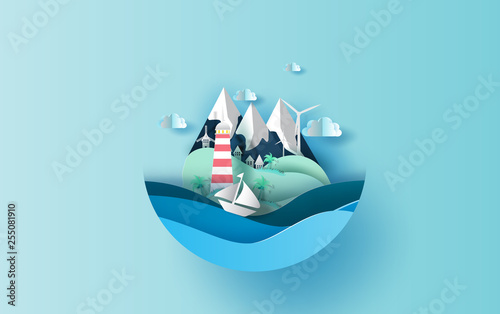 Paper art of Illustration travel in holiday vacation summer season concept,Graphic design for paper cut style,summertime idea pastel color background,sea view landscape Island relaxation. Vector.