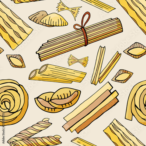 Seamless pattern with different types of pasta on  a light background