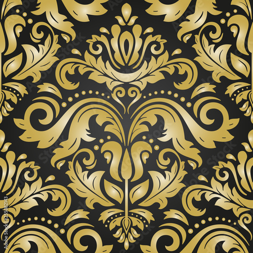 Classic seamless vector pattern. Damask orient ornament. Classic vintage black and golden background. Orient ornament for fabric, wallpaper and packaging