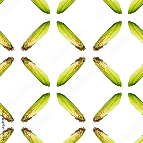 Raster cross seamless pattern. An ear of corn on a white background. Site about agriculture, farm, livestock, graphics.