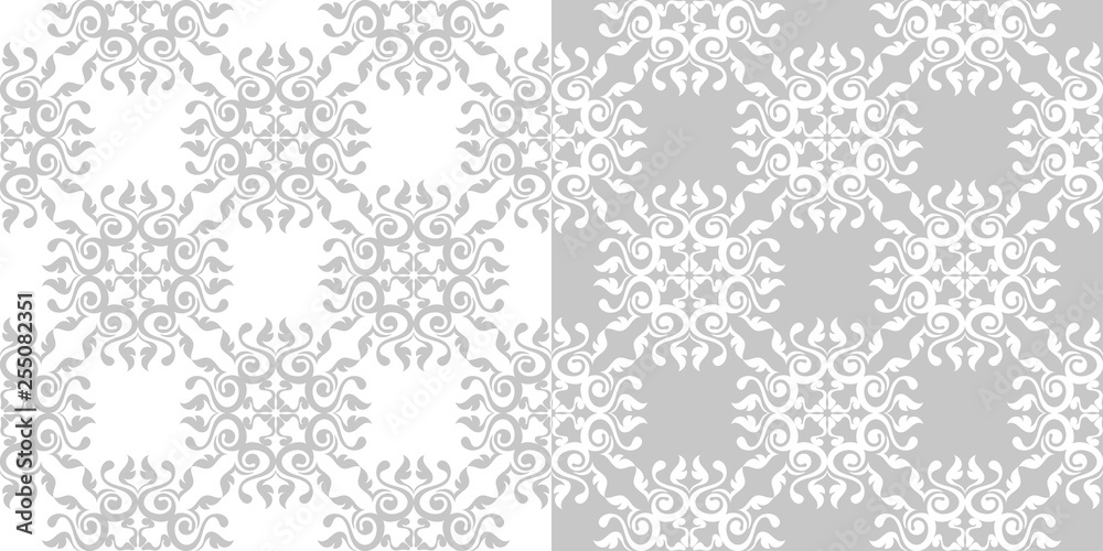 Floral seamless set of patterns. Gray and white backgrounds