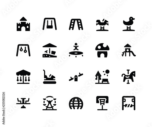Simple Set of Playground Related Vector Glyph Icons. Contains such Icons as castle, swing, trampoline, slide, seesaw and More. pixel perfect vector icons based on 32px grid. Well Organized and Layered