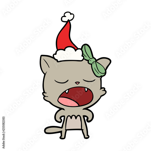 line drawing of a cat meowing wearing santa hat