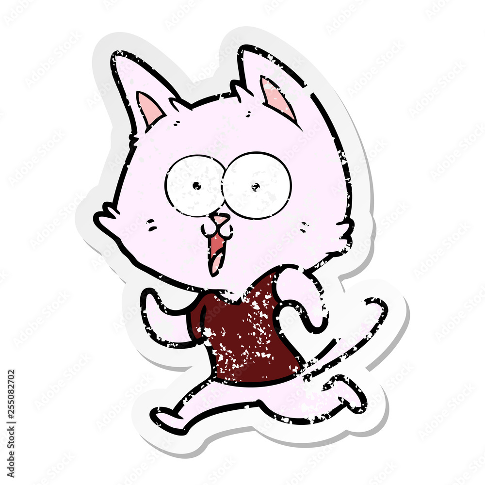 distressed sticker of a funny cartoon cat jogging distressed sticker of a funny cartoon cat jogging