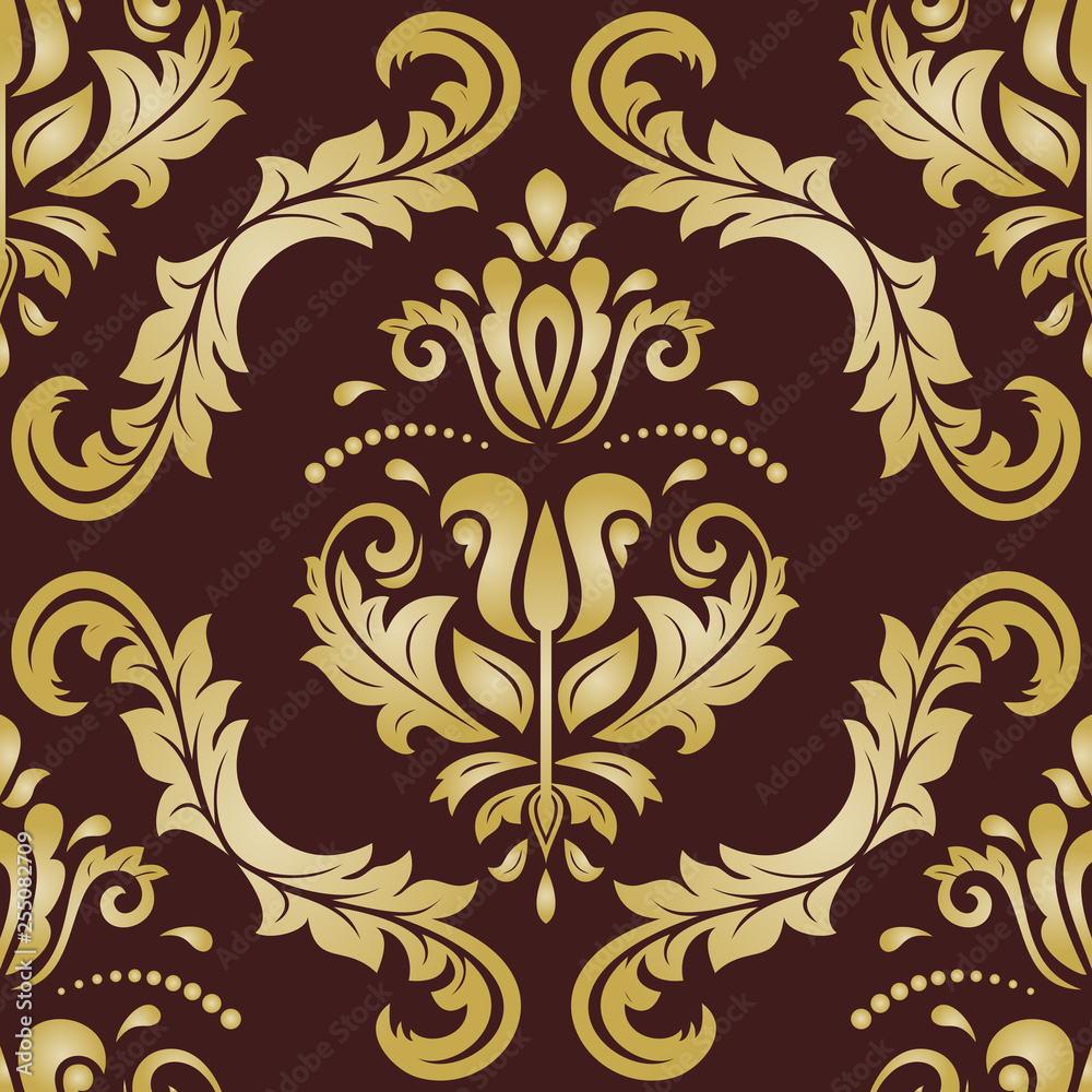 Classic seamless vector pattern. Damask orient brown and golden ornament. Classic vintage background. Orient ornament for fabric, wallpaper and packaging Classic seamless vector pattern. Damask orient brown and golden ornament. Classic vintage background. Orient ornament for fabric, wallpaper and packaging