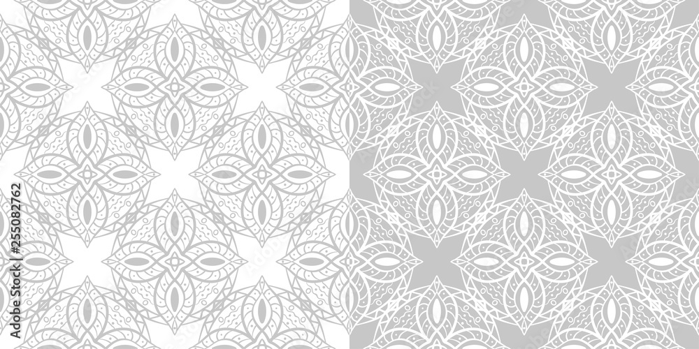Monochrome seamless patterns compilation. Gray and white backgrounds in indian style