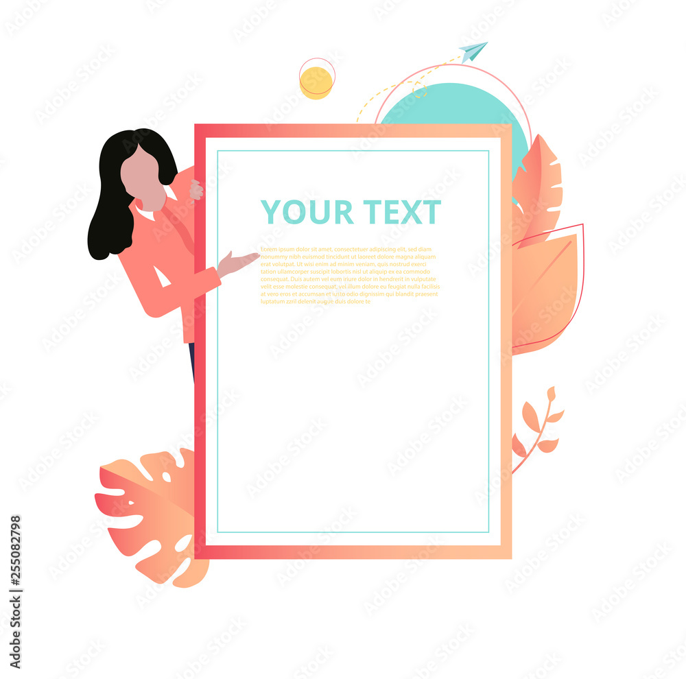 White and coral paper template with woman and space for your text, flat style.