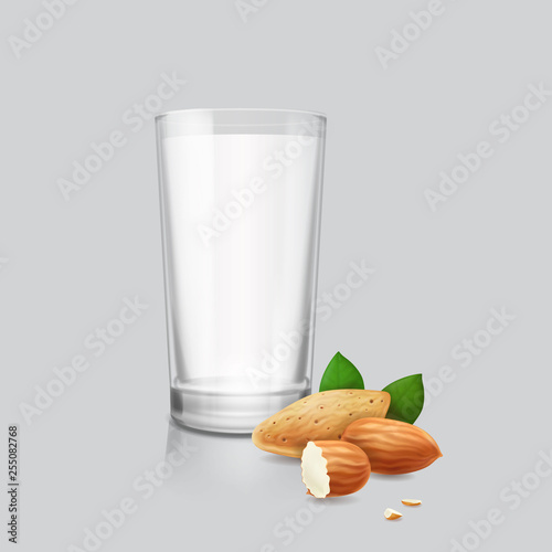 Almond nuts and dinking glass of almond milk realistic ullustration