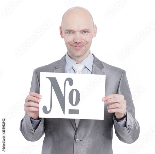 confident businessman holding a banner with the sign of the num photo