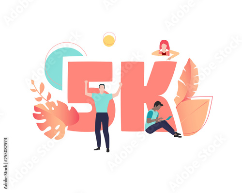 5K likes, followers, online social media banner with number and people.