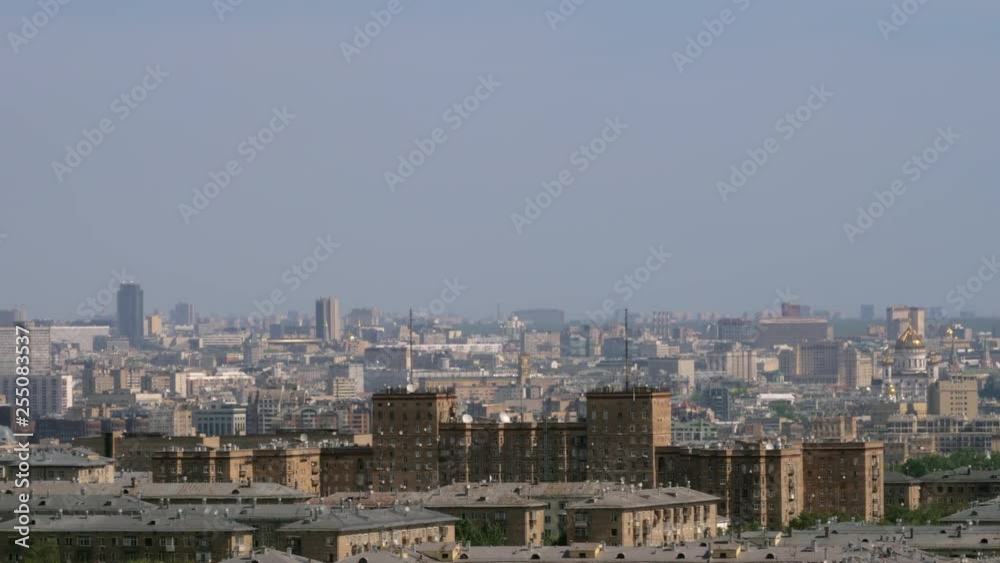 Panning shot of Moscow. City panorama with old and modern buildings, Ostankino Tower and Government building of the Russian Federation Panning shot of Moscow. City panorama with old and modern buildings, Ostankino Tower and Government building of the Russian Federation