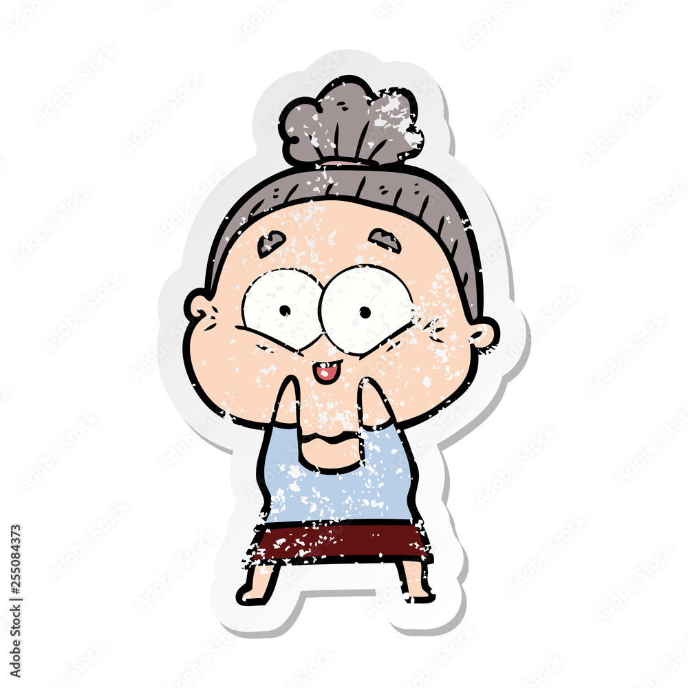 distressed sticker of a cartoon happy old woman distressed sticker of a cartoon happy old woman