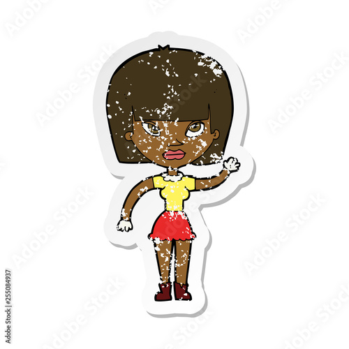 retro distressed sticker of a cartoon woman waving