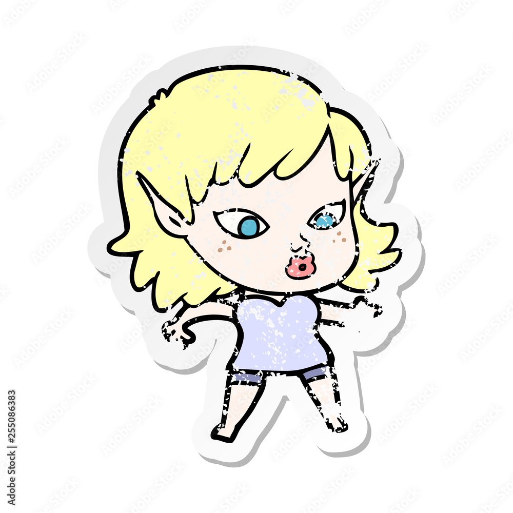 distressed sticker of a pretty cartoon elf girl distressed sticker of a pretty cartoon elf girl