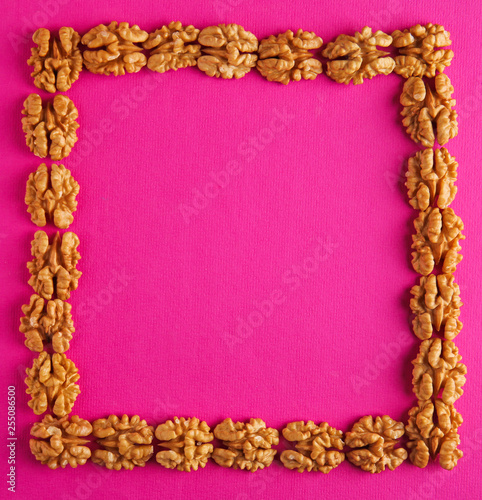 Frame made of tasty shelled walnuts on color background