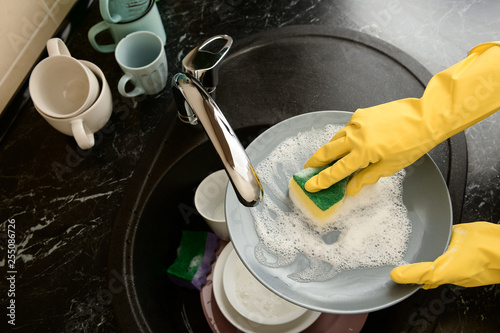 Woman washing plate in kitchen sink