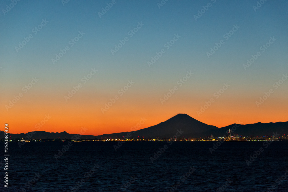 Sunset beyond mount Fuji, from Tokyo bay aqua-line