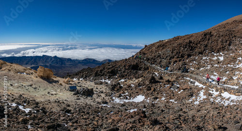 Top view of Teide crater with tracks and tourists, gigapan photo