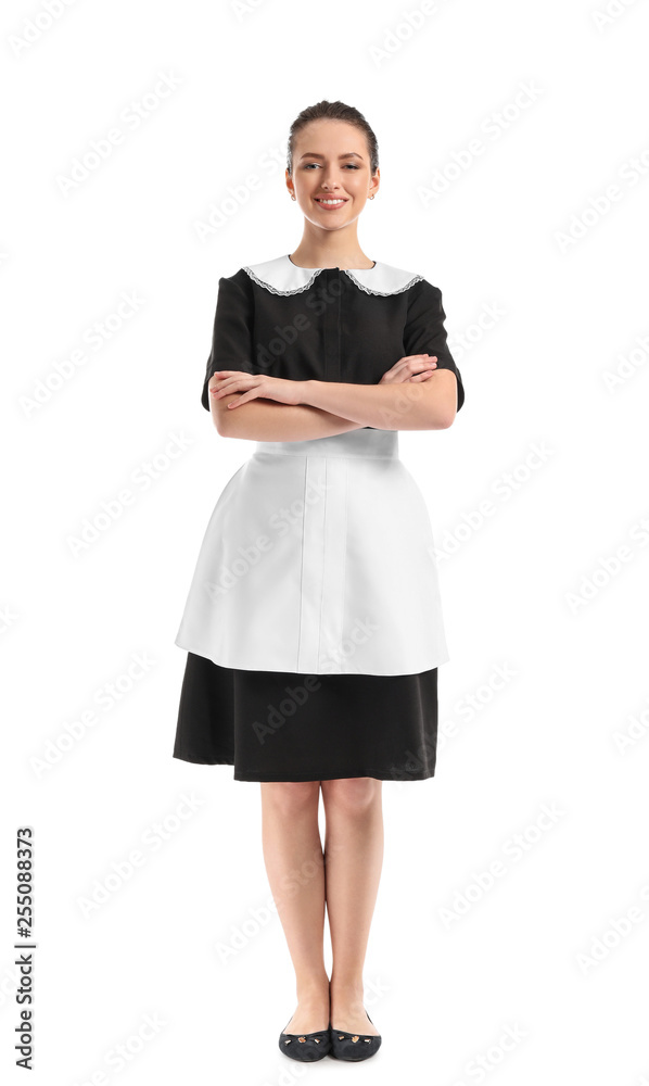 Portrait of beautiful female housekeeper on white background Portrait of beautiful female housekeeper on white background