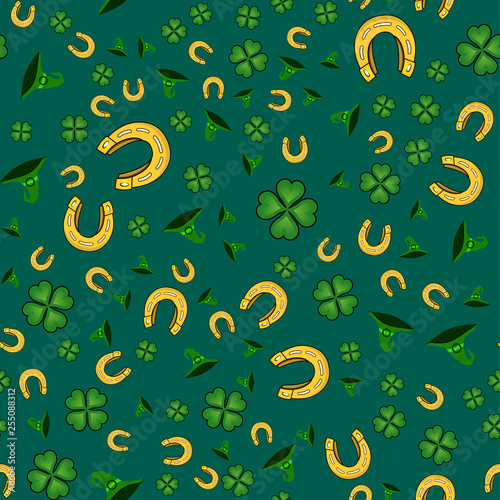 Abstract seamless horseshoe pattern for girls, boys, clothes. Creative vector pattern with horseshoe, clover leaf. Funny wallpaper for textile and fabric. Fashion horseshoe pattern style for kids
