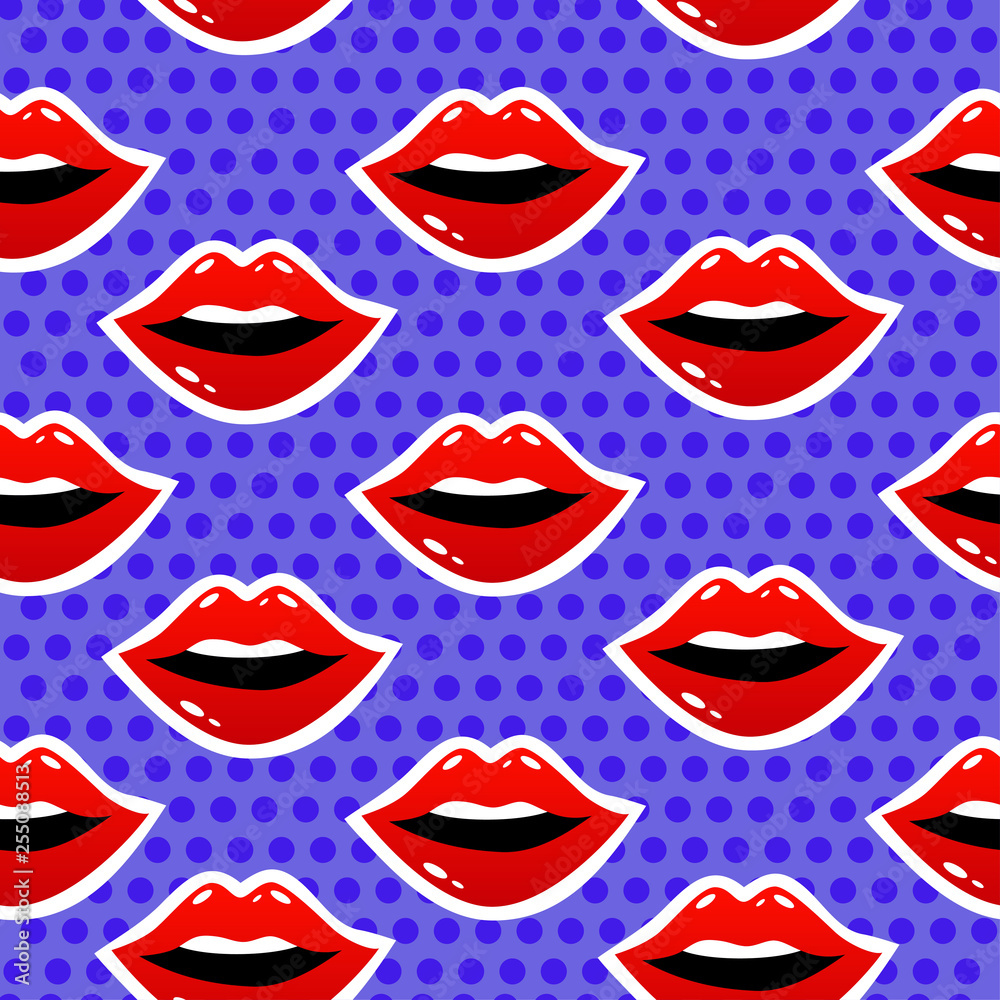 Fototapeta premium Female lips. Mouth with a kiss, smile, tongue, teeth and kiss me lettering on background. Vector comic seamless pattern in pop art retro style. Abstract seamless pattern for girls, boys, clothes.