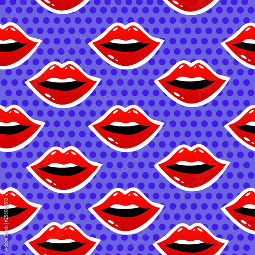 Female lips. Mouth with a kiss, smile, tongue, teeth and kiss me lettering on background. Vector comic seamless pattern in pop art retro style. Abstract seamless pattern for girls, boys, clothes.