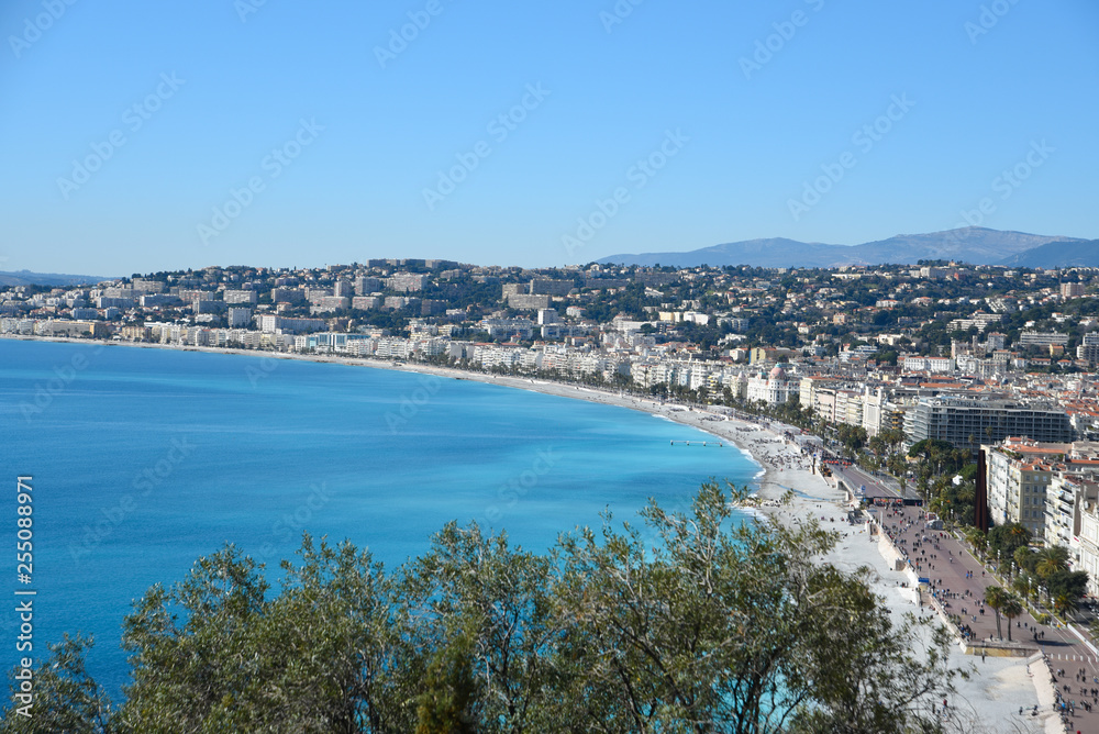 View on Nice embankment Promenade des Anglais. French riviera landscape