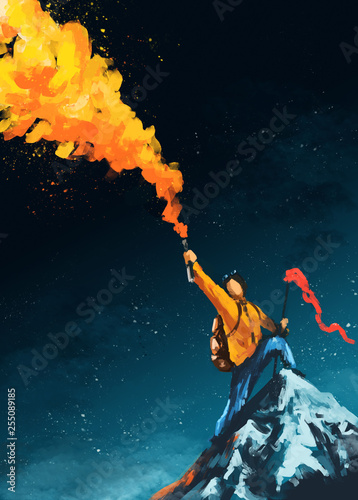 Climber reached the top of the mountain Illustration