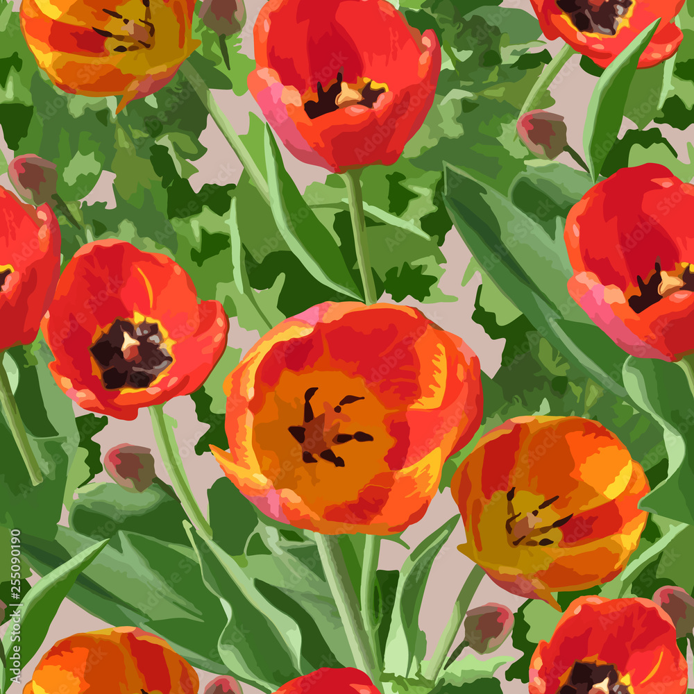 Seamless watercolor painted pattern with tulips and buds. Beautiful colored background. Vector print for design, for fabric decoration.