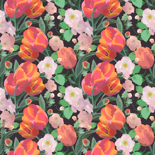 Seamless watercolor painted pattern with tulips and other flowers. Beautiful colored background. Vector print for design  for fabric decoration.