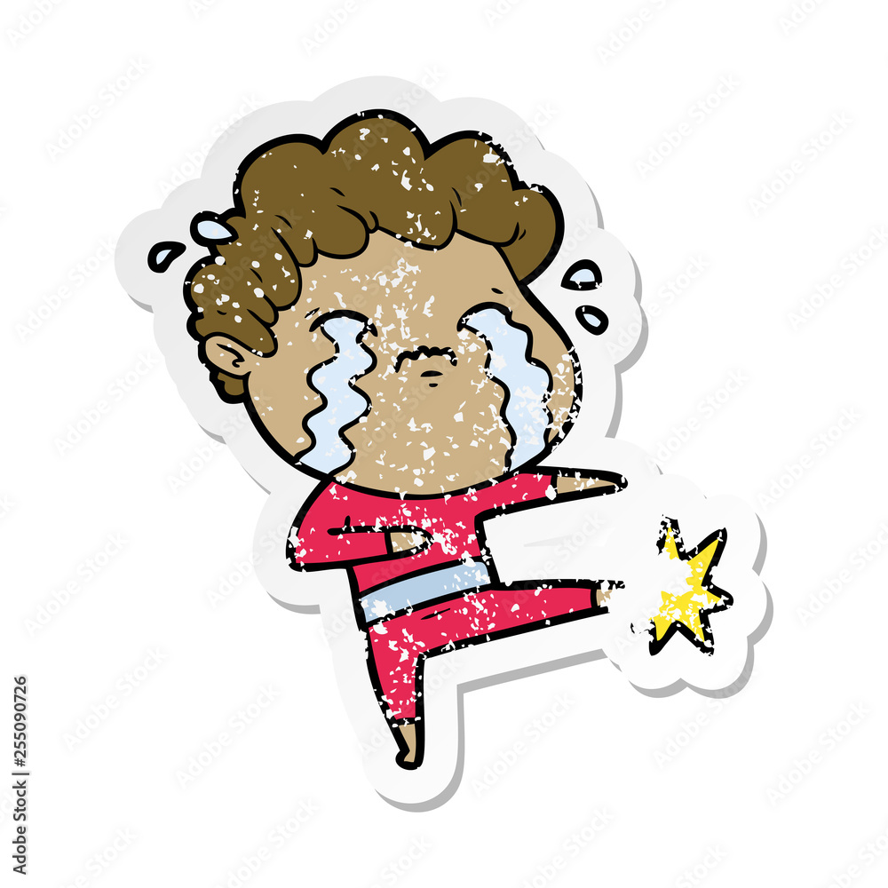 distressed sticker of a cartoon man crying distressed sticker of a cartoon man crying