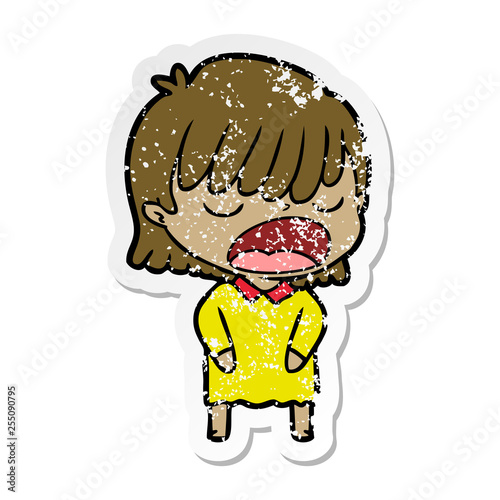 distressed sticker of a cartoon woman talking loudly