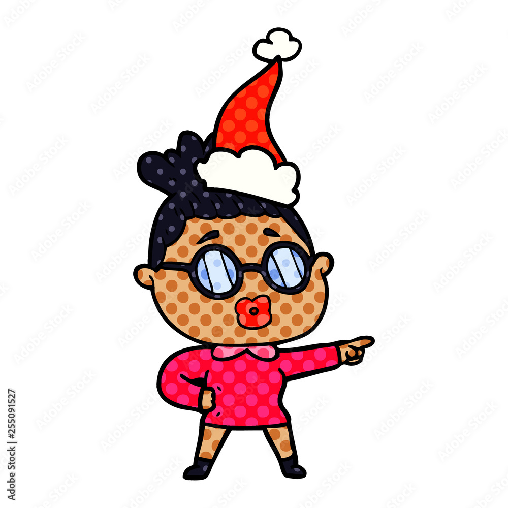 comic book style illustration of a pointing woman wearing spectacles wearing santa hat comic book style illustration of a pointing woman wearing spectacles wearing santa hat