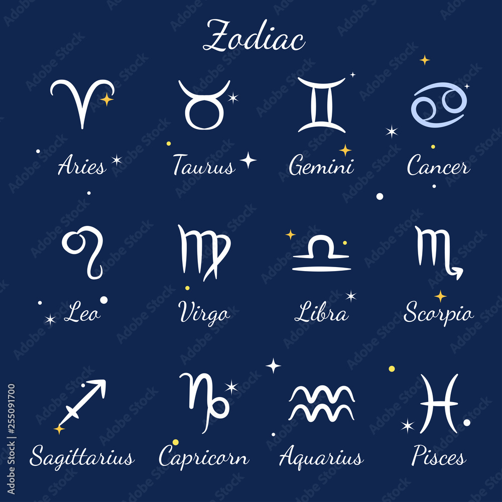 Zodiac signs set. Aries, leo, gemini, taurus, scorpio, aquarius, pisces ...