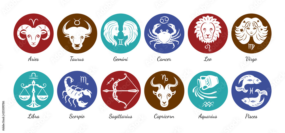Set of zodiac signs icons. Aries, leo, gemini, taurus, scorpio, aquarius, pisces, sagittarius, libra, virgo, capricorn and cancer. Vector illustration in cartoon simple style.  - obrazy, fototapety, plakaty 