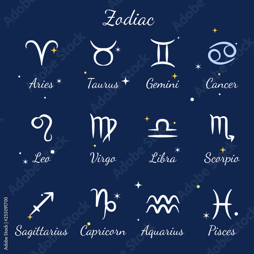 Zodiac signs set. Aries, leo, gemini, taurus, scorpio, aquarius, pisces, sagittarius, libra, virgo, capricorn and cancer. Template for astrological horoscope.