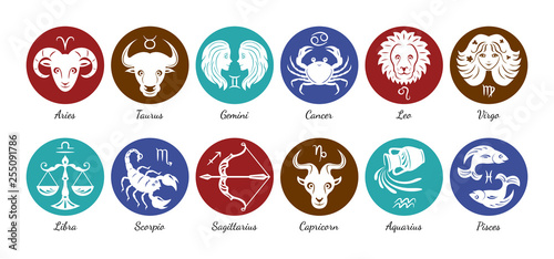 Set of zodiac signs icons. Aries, leo, gemini, taurus, scorpio, aquarius, pisces, sagittarius, libra, virgo, capricorn and cancer. Vector illustration in cartoon simple style. 