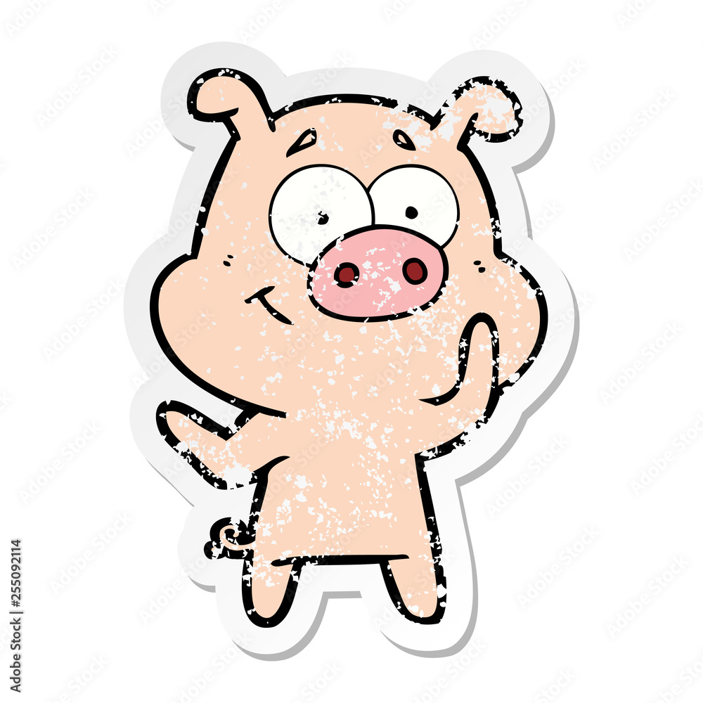 distressed sticker of a happy cartoon pig distressed sticker of a happy cartoon pig