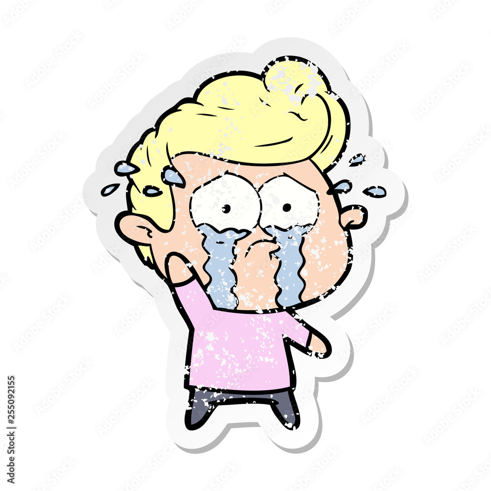 distressed sticker of a cartoon crying man distressed sticker of a cartoon crying man