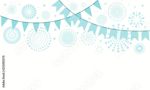 Israel Independence Day background with blue fireworks, confetti, bunting. Isolated objects on white. Vector illustration. Design concept, element for poster, banner, greeting card.