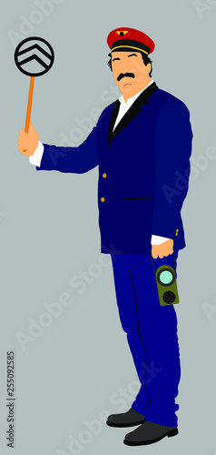 Railroader in uniform vector illustration. Railway man on duty. Platform controller at steam railway station. Railway worker traffic controller giving a signals to the train crew. Metro travel concept